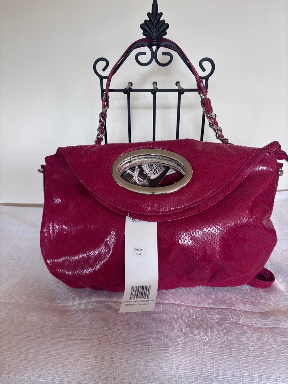 Nicole Snakeskin Shoulder Bag in Deep Berry Red with Oval Hardware